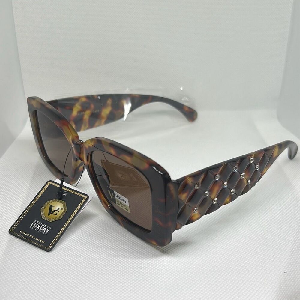 VG Women’s Tortoise Quilted Pattern Rhinestone Sunglasses